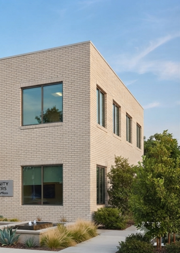 Village Stone split face veneer CMU building example, AI generated