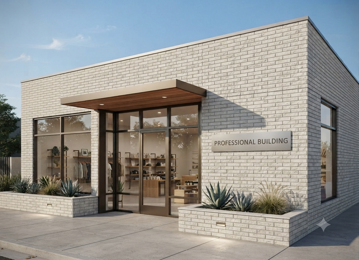Village Stone split face veneer CMU building example, AI generated
